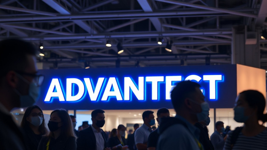 Illuminated Advantest sign at trade show, Advantest Earnings Test Valuation.