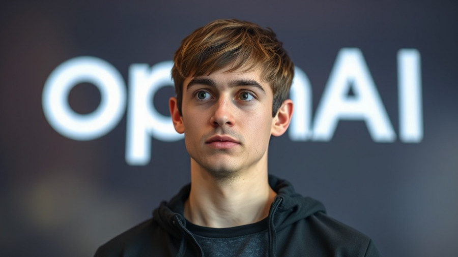 Young man before OpenAI logo, agentic AI concept.