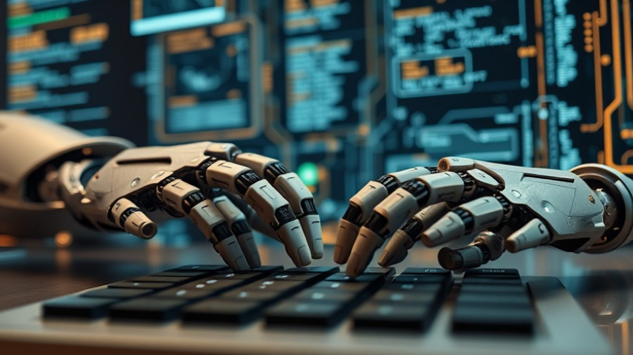 Futuristic robotic hands typing on a keyboard with digital code overlay, agentic AI.