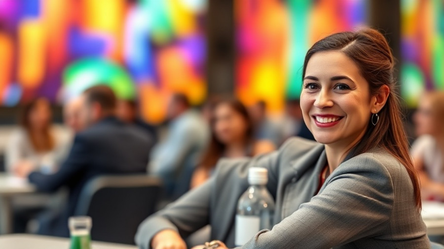 Confident woman at a business event, emphasizing AI agents.