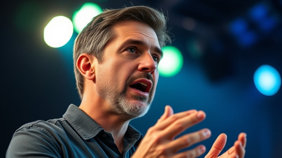 Middle-aged speaker on stage, blurred color lights