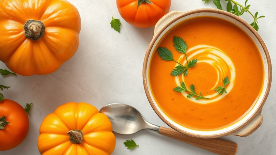 Creamy pumpkin tomato soup with herbs, easy recipe display.