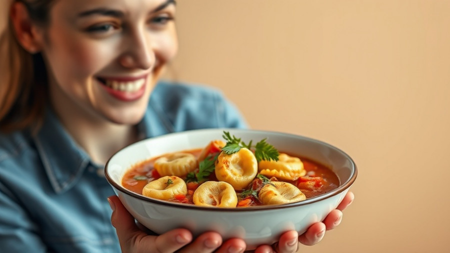 Easy recipes with soup and ravioli, woman smiling in denim.