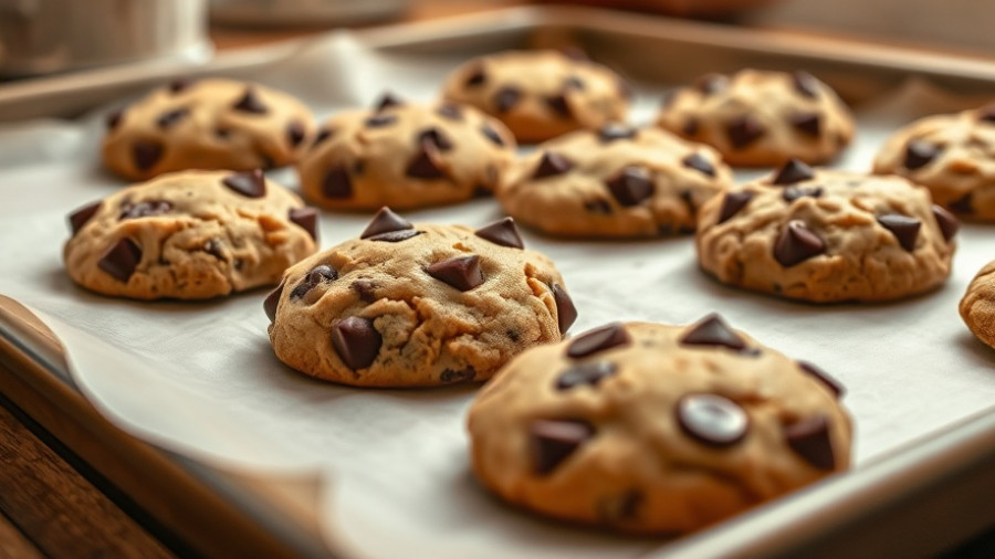 Freshly baked chewy chocolate chip cookies on baking sheet.
