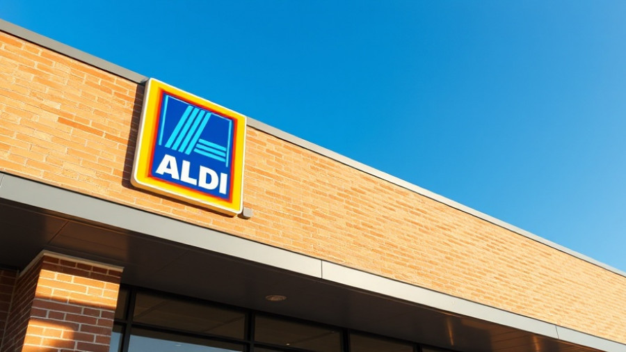 ALDI brand sign on brick wall in bright daylight.