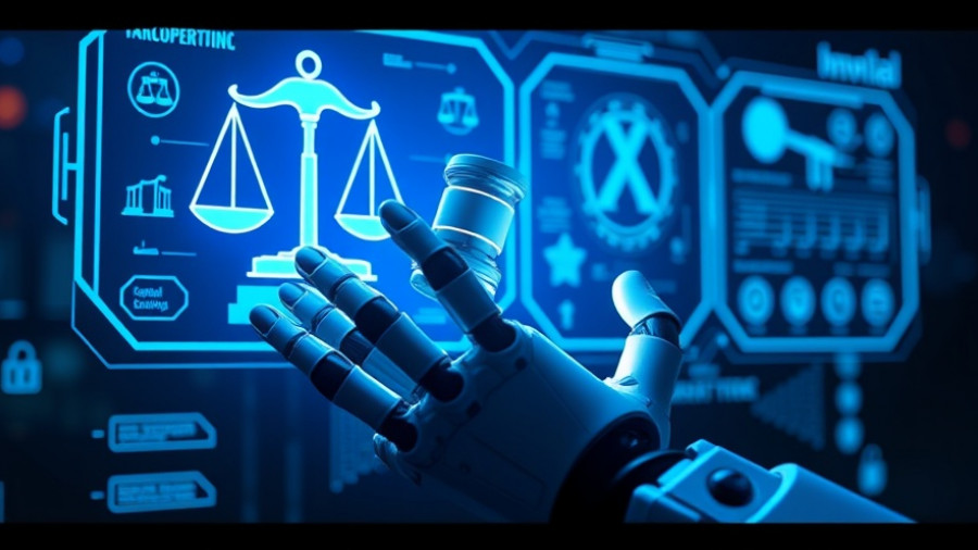 Futuristic robotic hand with holographic symbols represents superintelligent AI regulation.