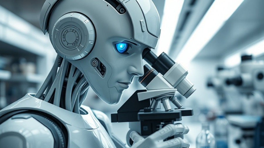 AI agents in scientific research: humanoid robot working in a lab.