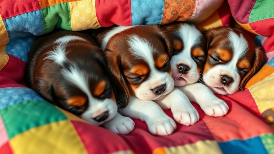 Adorable puppies sleeping under a quilt, conveying warmth and cuteness.