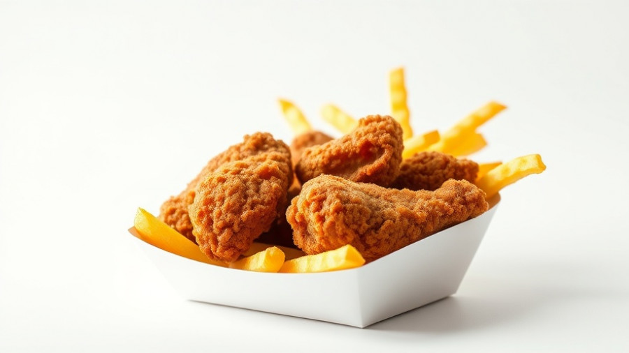 Crispy fried chicken and fries in a takeout box with bright sunlight.