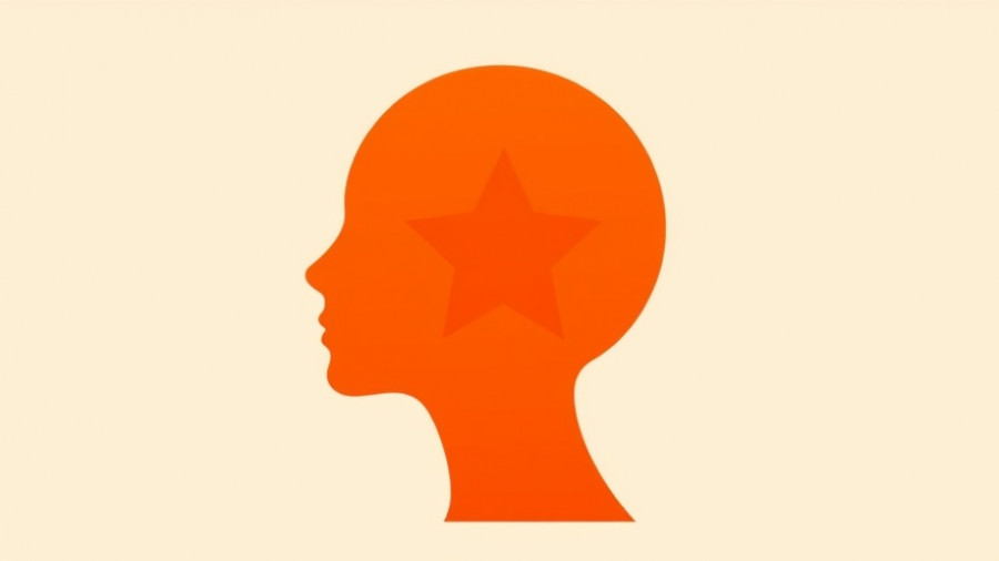 Minimalist abstract head with star, symbolizing thought, on orange background.