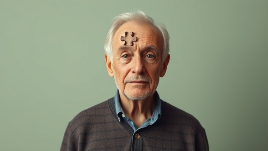 Elderly man with puzzle piece missing from head, symbolic.