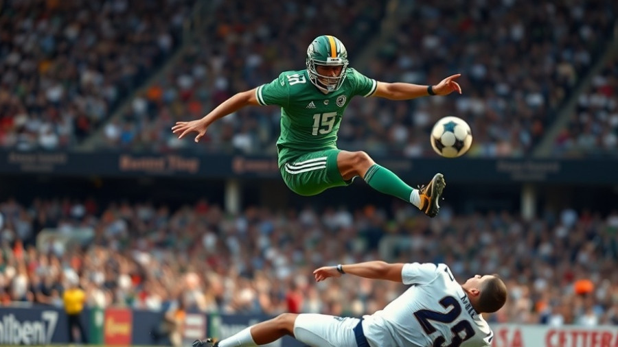 Saquon Barkley in dynamic football leap during game action.