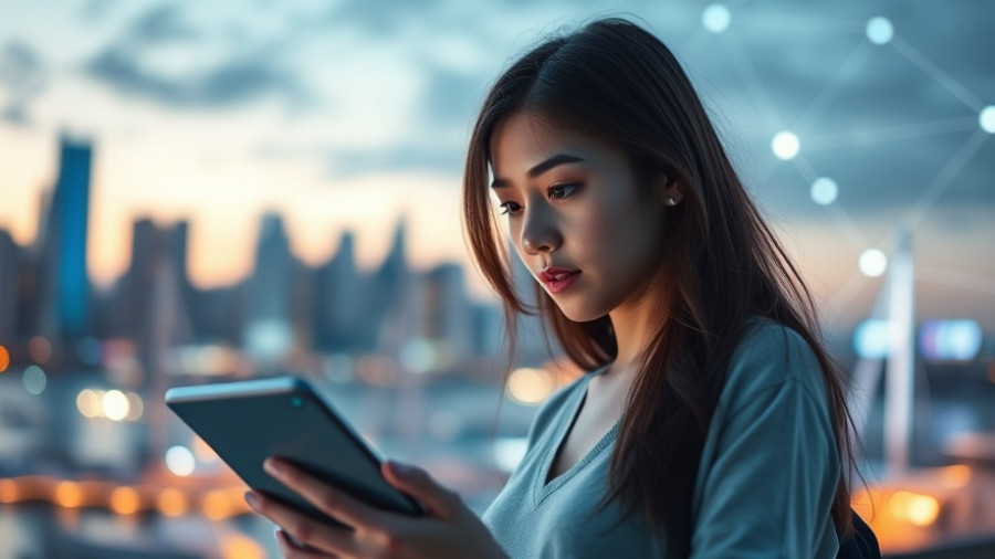 Futuristic scene with agentic AI, woman using tablet by water at dusk.