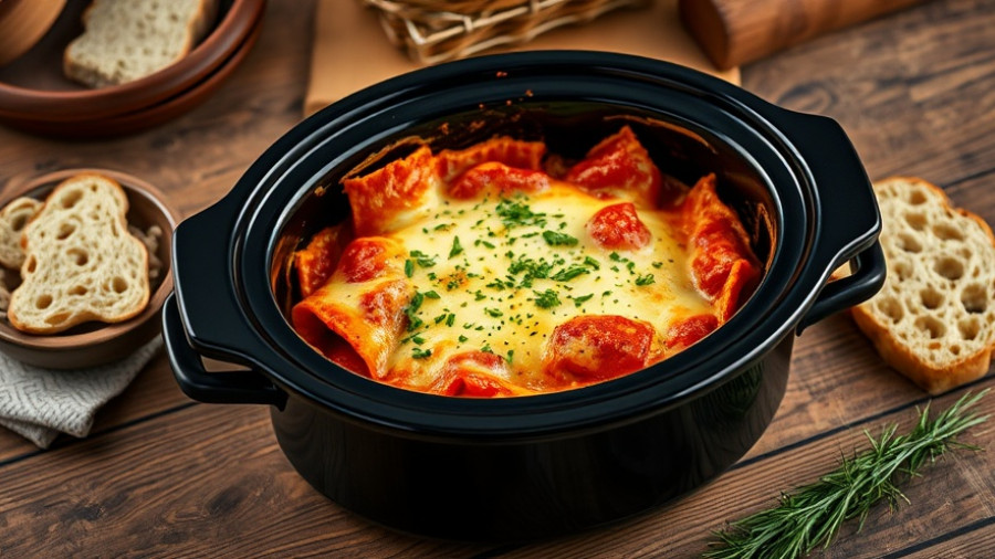Delicious crockpot lasagna with melted cheese and herbs.