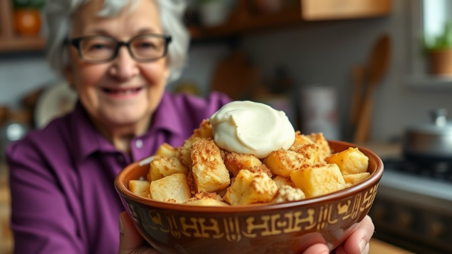 Martha Stewart Apple Crumble Recipe with a smiling person in a purple blouse.