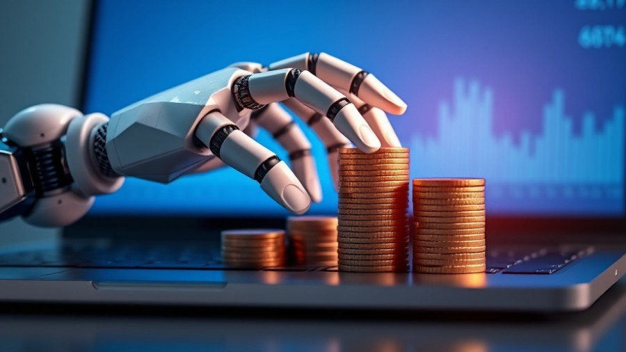 AI stocks to watch: robotic hand with coins on laptop.