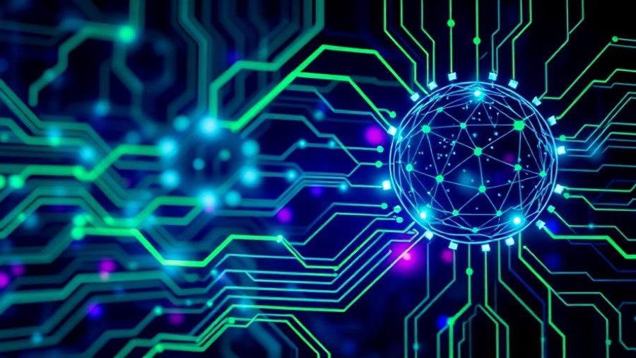 Smart AI agents visualized with neon circuitry and data icons.