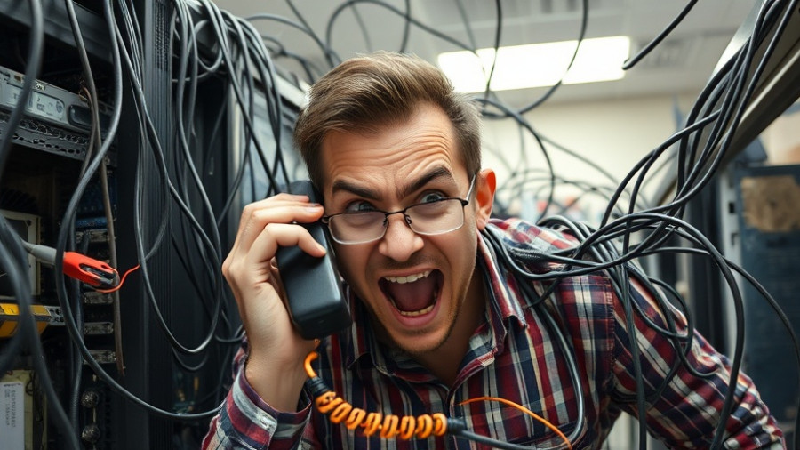 Stressed man tangled in cables simulating an AWS outage.