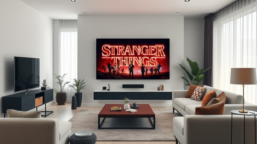 Modern living room featuring Stranger Things on a TV, perplexity ai