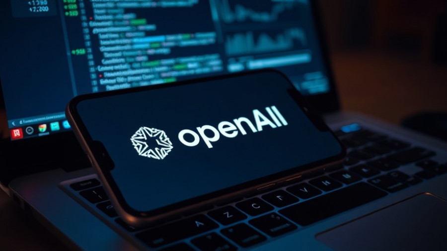 OpenAI logo on smartphone screen, OpenAI music generation, laptop background.
