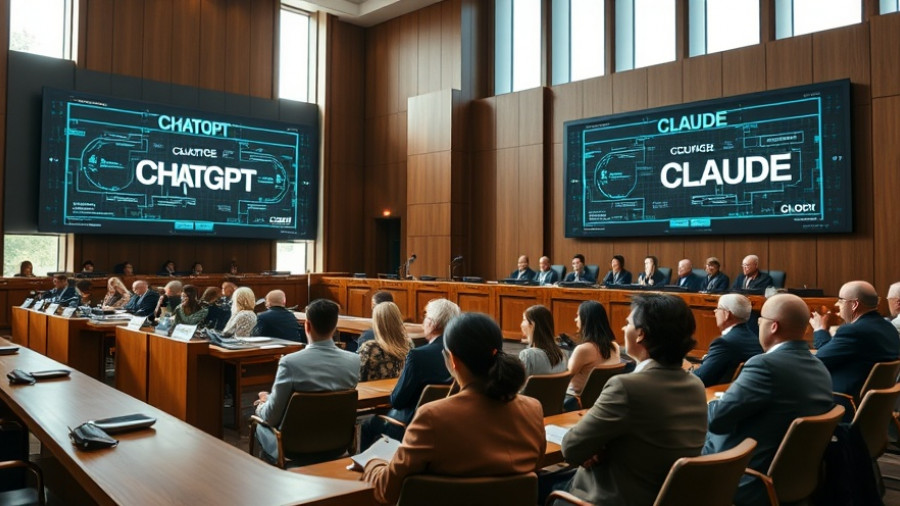 Courtroom with digital screens showing Claude AI interface
