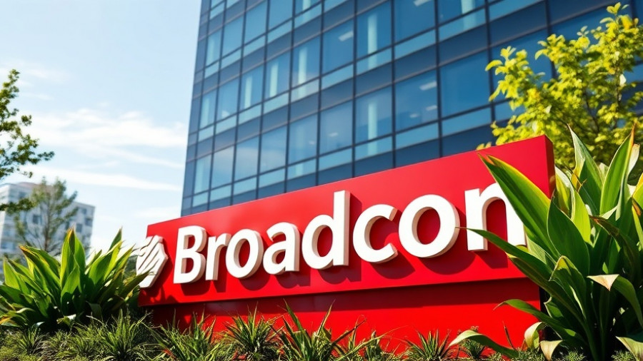 Broadcom sign in front of greenery and a modern building