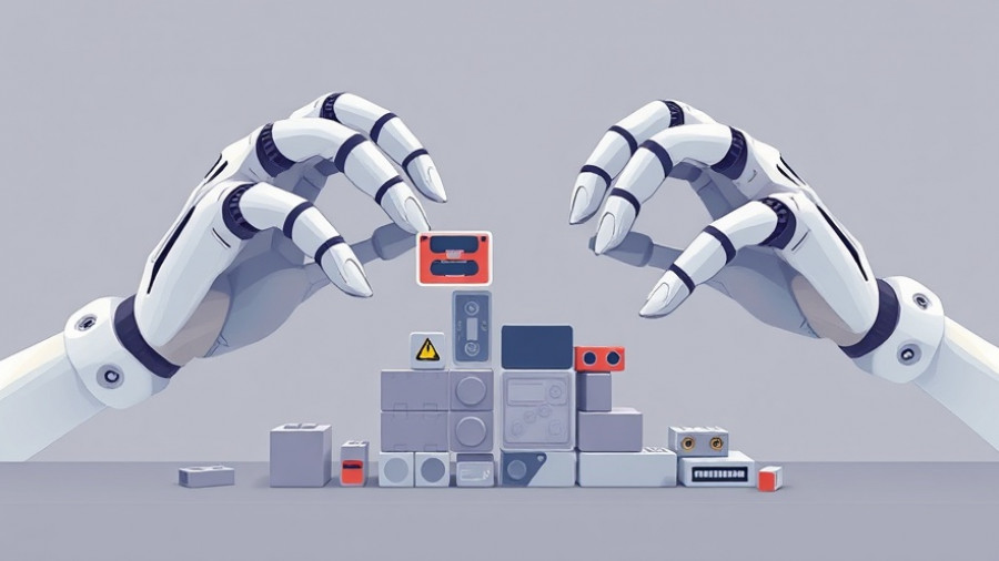 Stylized robotic hands assembling blocks for Custom Claude Tasks.