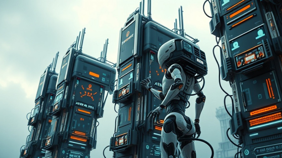 Futuristic scene of AI competition with robotic figures and tech towers.