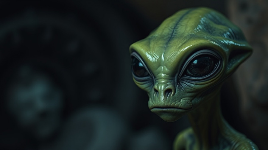 Trending AI news: Green alien creature in a thoughtful pose, cinematic style.