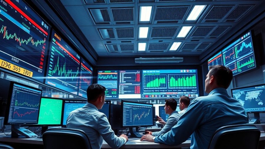 High-tech office with professionals discussing digital data displays.