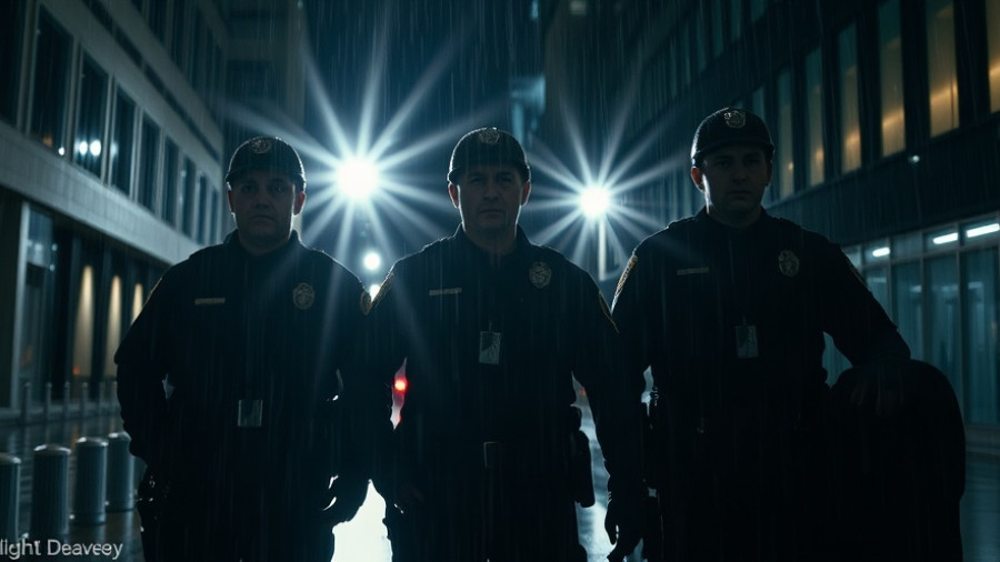 AI-driven social media surveillance: silhouetted officers in rain.