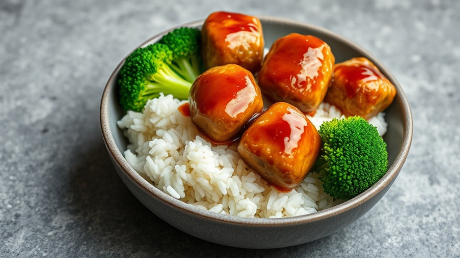 Teriyaki meatballs with rice and broccoli in a bowl.