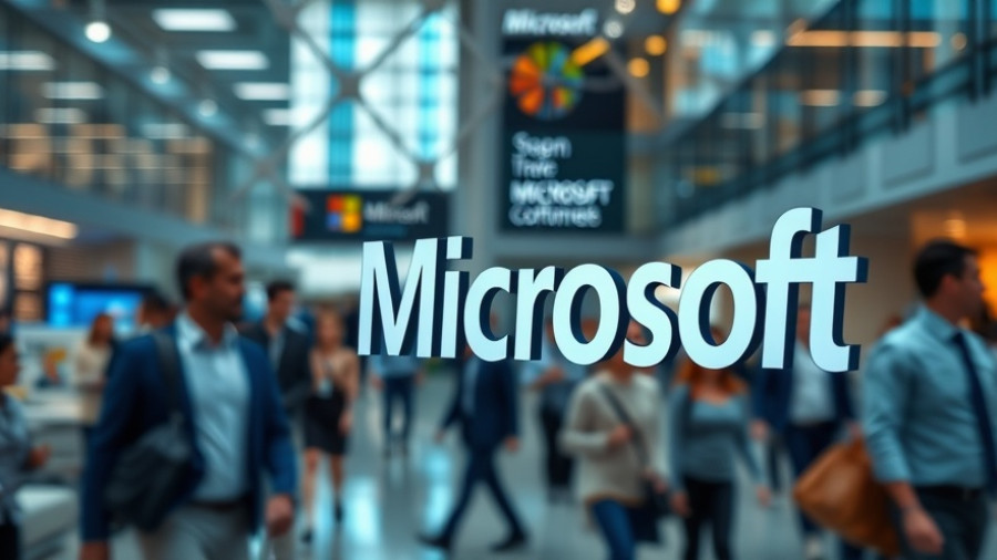 Microsoft building entrance with bold signage and people moving.