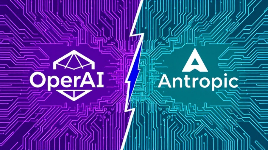 OpenAI vs Anthropic digital illustration with circuit backgrounds.