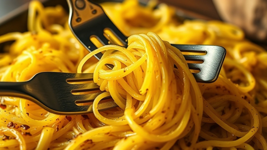 Close-up of baked spaghetti squash with fork showing texture.