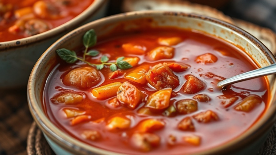 Close-up of hearty tomato soup with vegetables for easy pantry recipes.