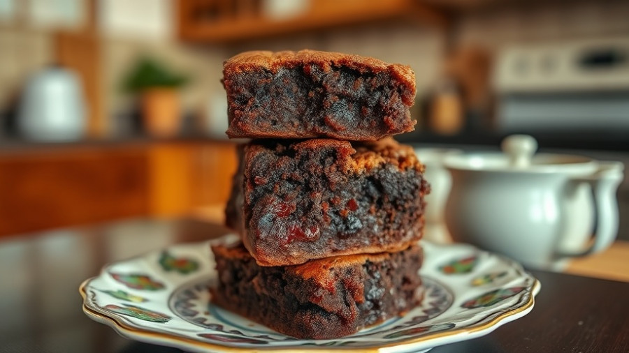 Delicious brownies with shiny crust on a decorative plate.