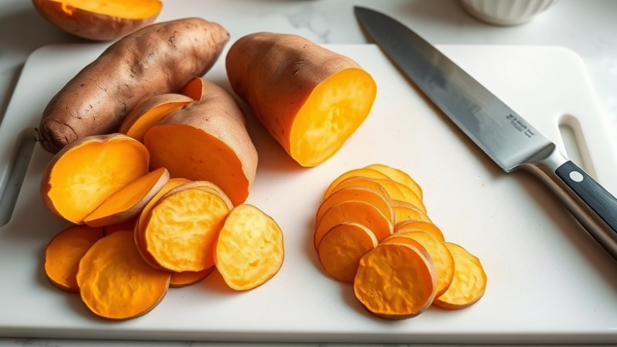 Peeled and chopped sweet potatoes with knife, cooking preparation.