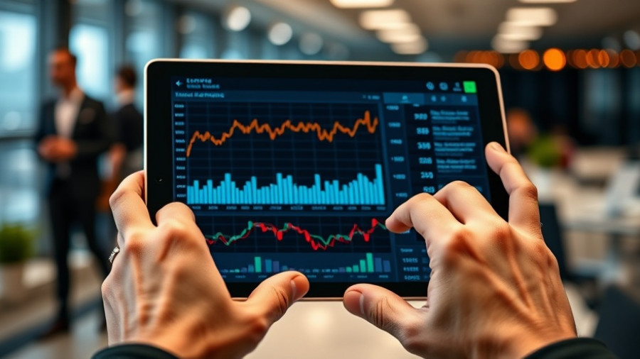 AI-enhanced financial data analysis on a tablet with graphs in an office setting.