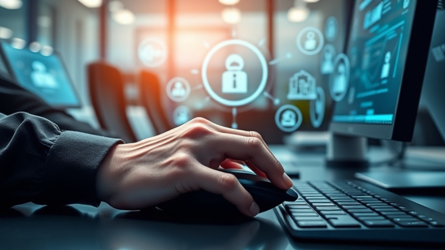 AI governance concept with digital icons and computer interaction.