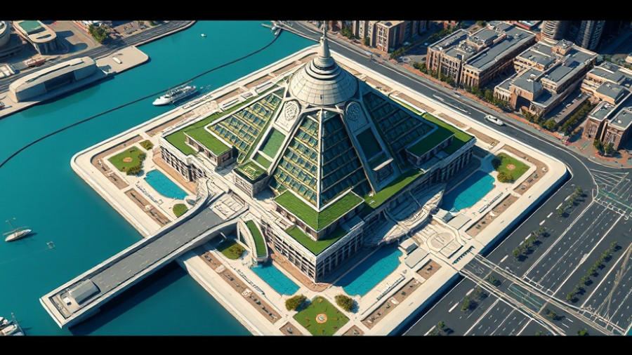 3D model of complex futuristic architecture including a pyramid and bridge, perplexity ai