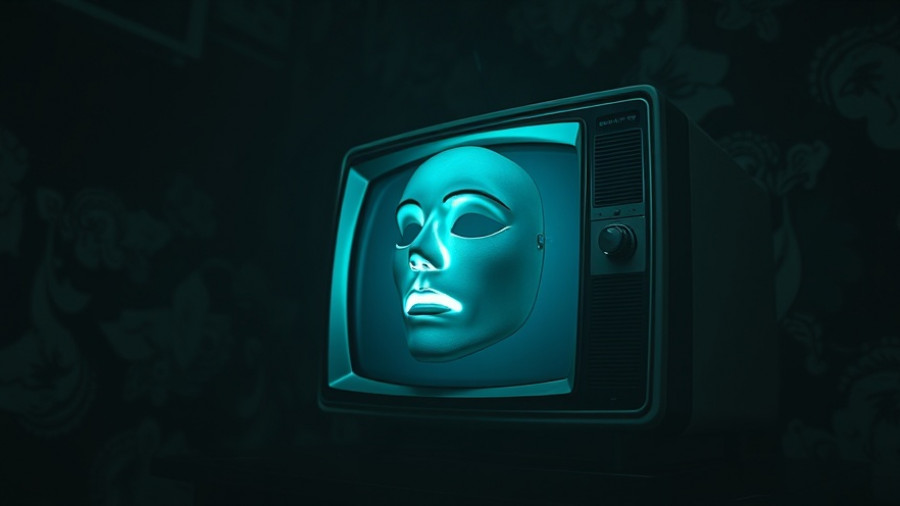 Surreal glowing mask on vintage TV, Open AI concept, cinematic photo