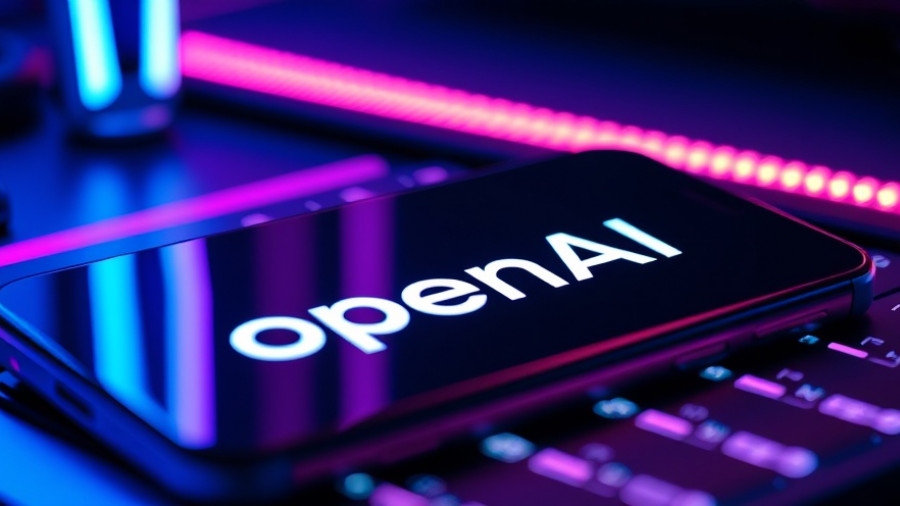 Futuristic close-up of OpenAI logo on a smartphone with neon lighting.
