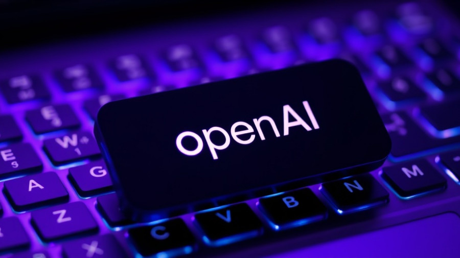 Close-up of OpenAI logo with a keyboard background.
