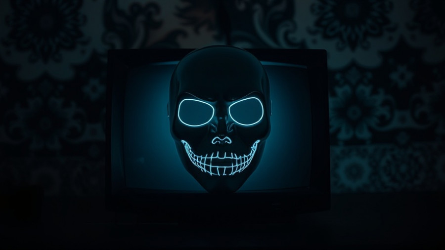 Eerie mask on CRT monitor depicting digital identity metaphor.