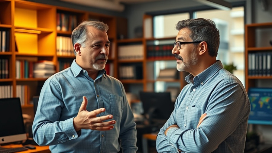 Two men discussing Claude AI for financial services in a cozy office.