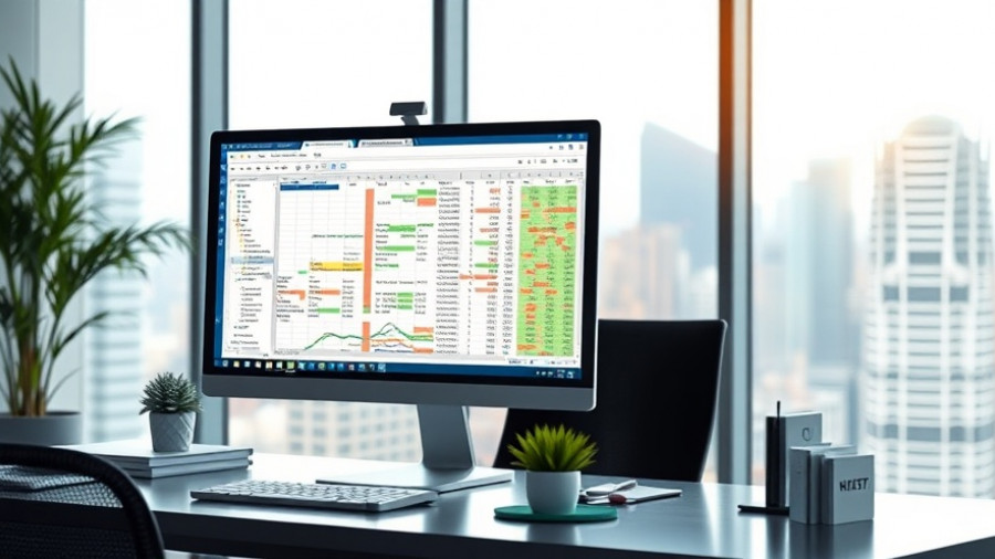 Monitor displaying spreadsheet in modern office with city view, claude ai.