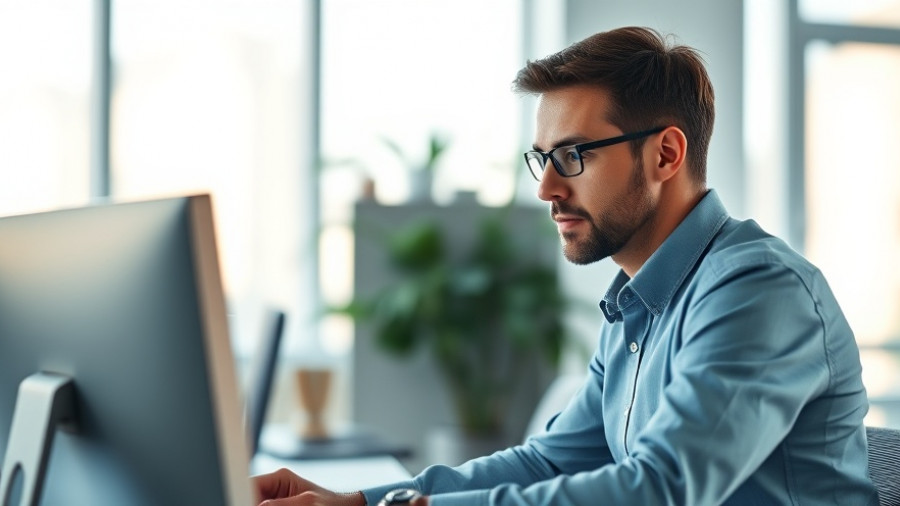 Professional using AI software on computer in modern office.