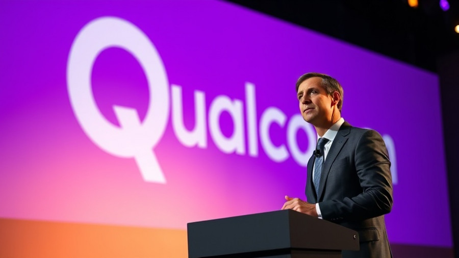 Executive presenting at Qualcomm AI Chip Race conference with logo backdrop.