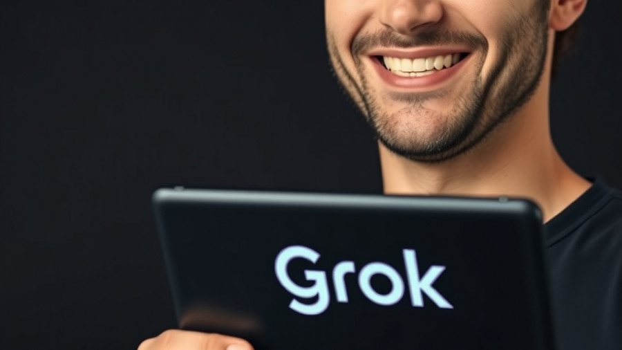 Person smiling holding a Grok logo tablet in AI news context.